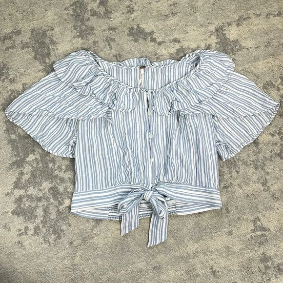 Free People The Rosemary Top Tie Waist Blouse Flutter Ruffle Blue Stripe Sz L - Picture 5 of 12